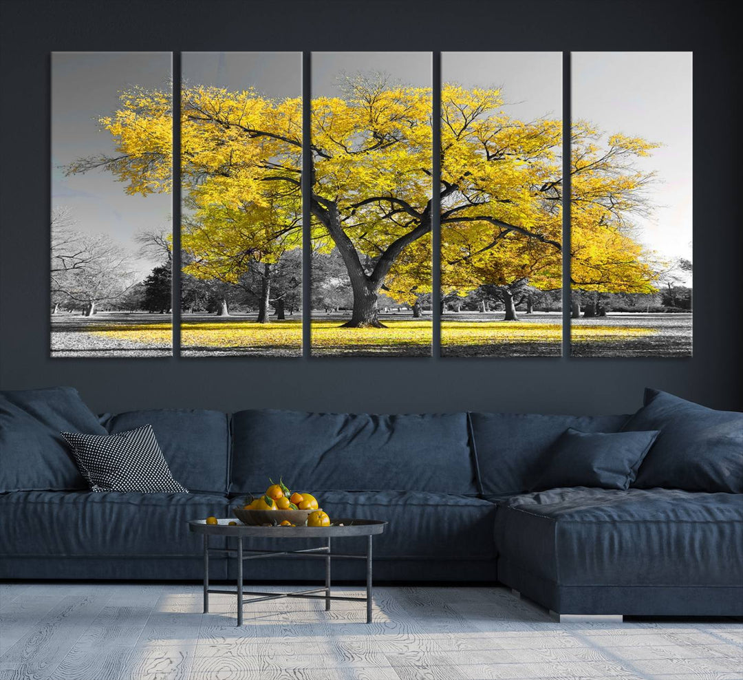 Toile murale avec grand arbre jaune, impression d'art, noir, blanc, jaune, peinture artistique