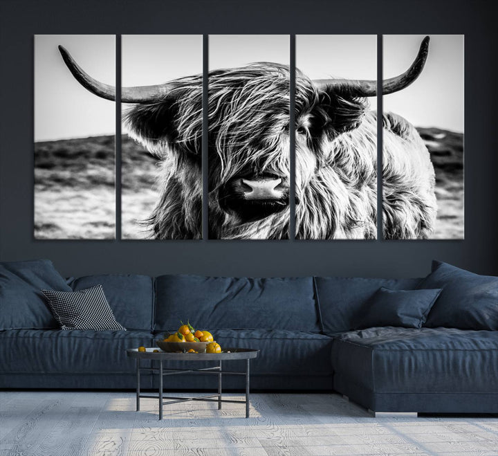 Highland Cow Wall Art | 3-Panel Black and White Highland Cow Canvas Print for Western Farmhouse Decor | Large Framed Giclee Canvas for Living Room