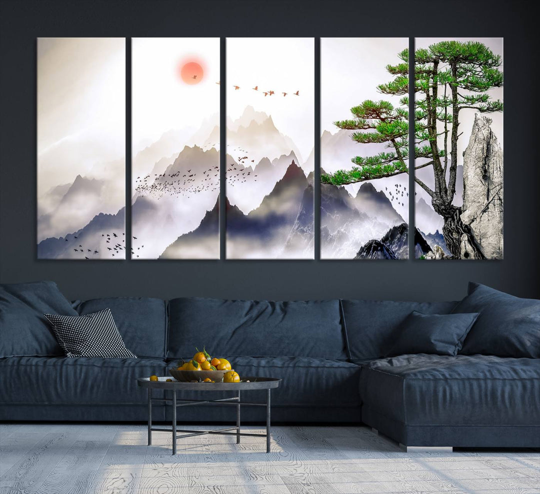 Japanese Tree Mountain Wall Art Canvas Print