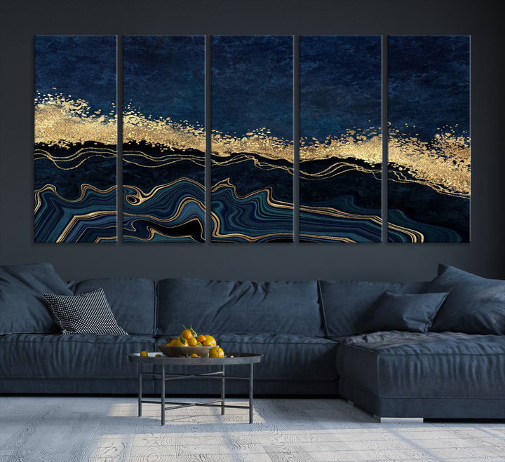 Navy Blue Marble Fluid Effect Large Wall Art Modern Abstract Canvas Wall Art Print