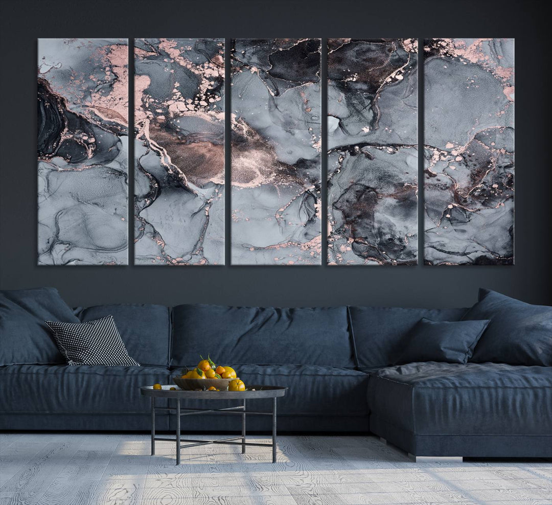 Impresión de arte de pared grande con efecto fluido de mármol gris y oro rosa, lienzo abstracto moderno