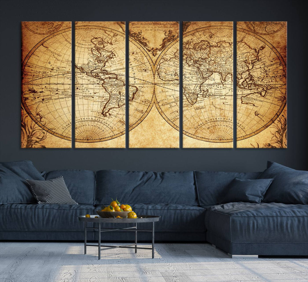 Vintage World Map Wall Art | 3-Panel Canvas Print for Living Room, Office, or Study | Giclee Canvas with Antique Design