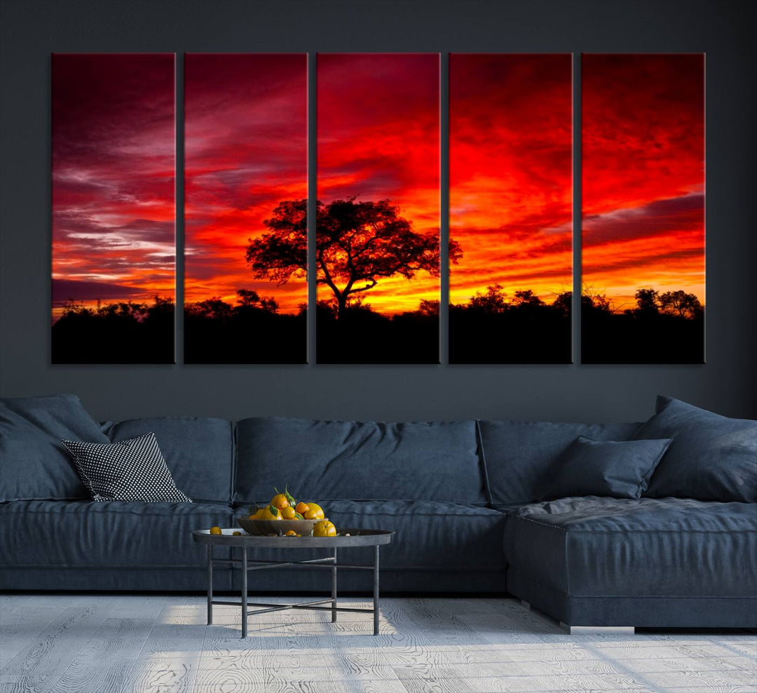 Red Sunset Landscape Artwork Printing, Forest Tree Wall Art Canvas Print