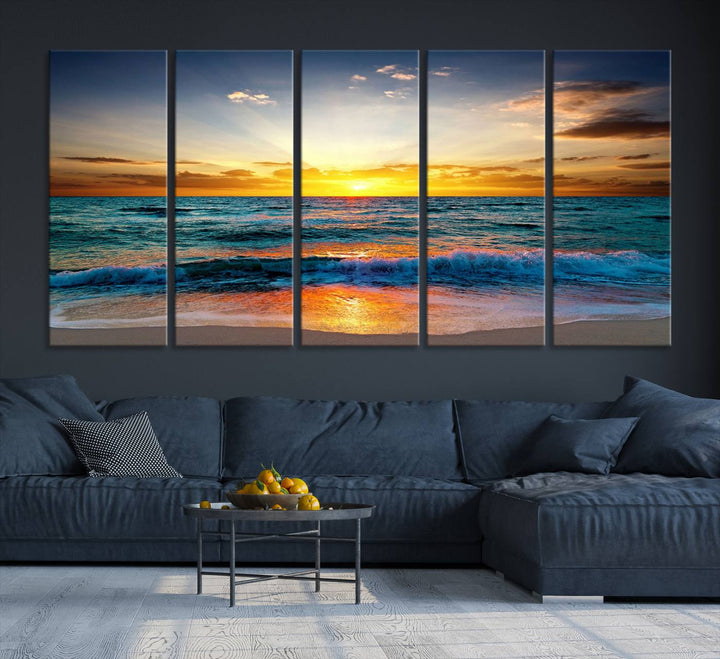 Vibrant Ocean Sunrise Over Golden Beach Waves, Giclee Canvas Wall Art Set, High-Quality Stretched Canvas Print, Ready to Hang Coastal Sunset Wall