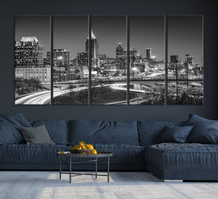 Atlanta City Lights Skyline Art mural noir et blanc Paysage urbain Impression sur toile