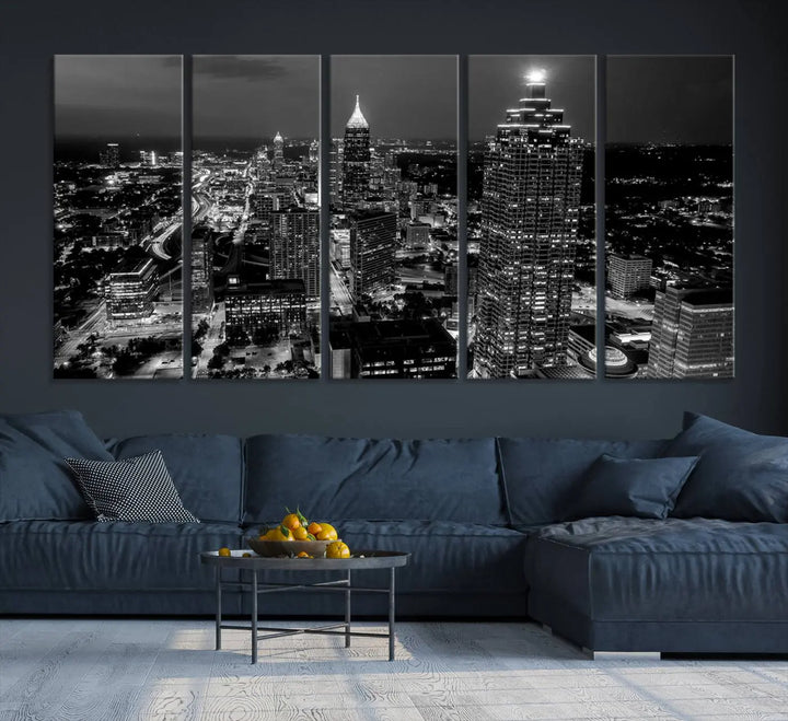 The Atlanta City Lights Skyline Black and White Wall Art Cityscape Canvas Print is elegantly displayed on the wall. These museum-quality canvases arrive ready to hang, making your art display both effortless and sophisticated.