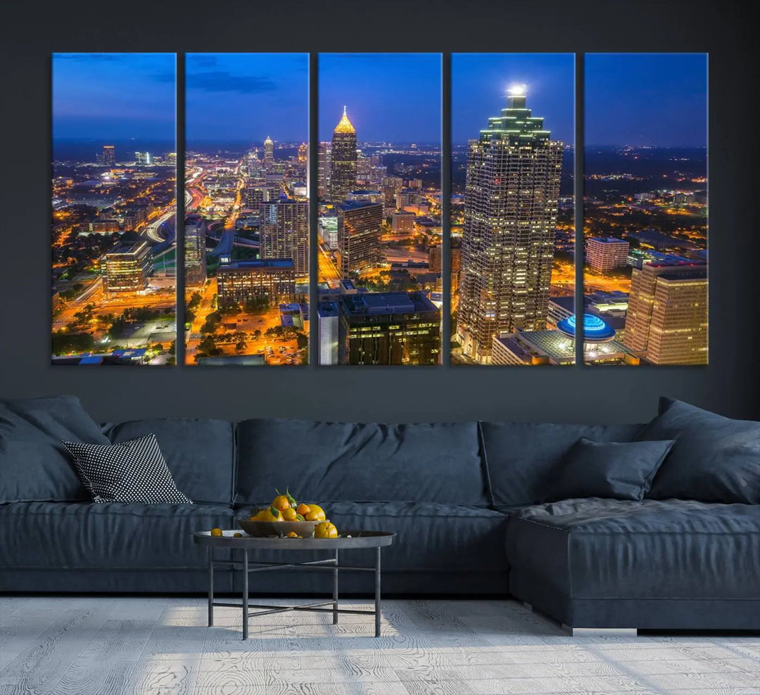 An elegant Atlanta City Blue Skyline Cityscape View Wall Art Canvas Print graces the wall, offering a sophisticated addition to your living space. Enjoy free shipping on this stylish piece.