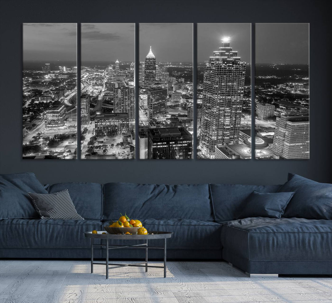 Atlanta City Skyline Art mural noir et blanc Paysage urbain Impression sur toile