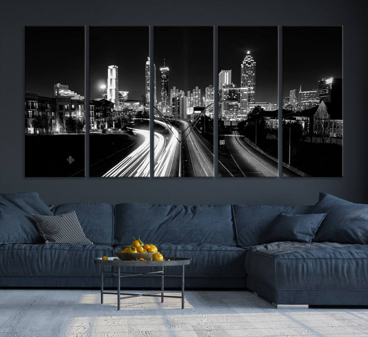 Atlanta City Lights Skyline Art mural noir et blanc Paysage urbain Impression sur toile