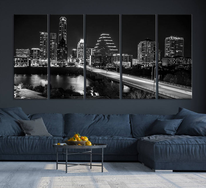 Austin City Lights Skyline Black and White Wall Art Canvas Print