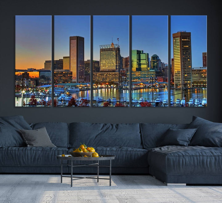 Baltimore City Lights Coucher de soleil bleu et orange Skyline Cityscape View Wall Art Impression sur toile