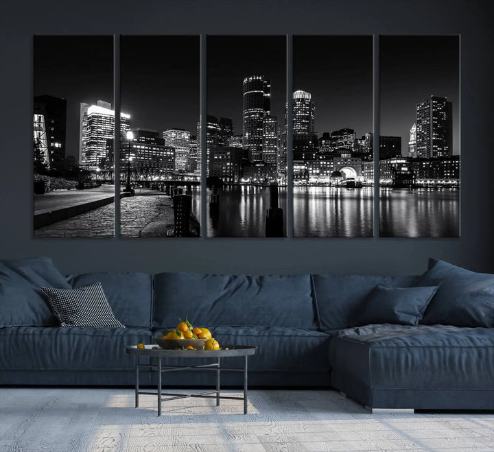 The living room showcases the Boston City Lights Skyline Black and White Wall Art Canvas Print.