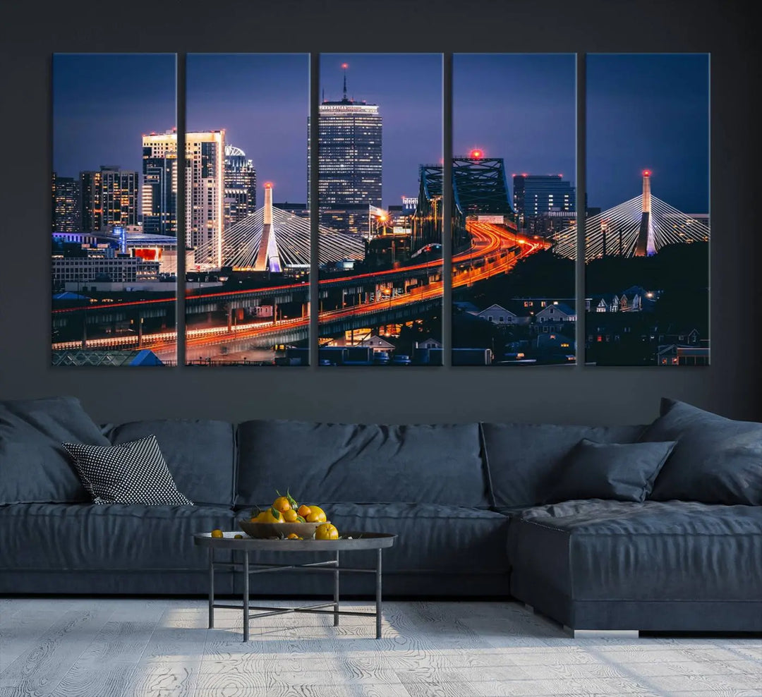 The "Boston City Lights Night Skyline Cityscape View" artwork on the wall showcases a brightly lit bridge at night. It is displayed on museum-quality canvas with a UV-protective coating.