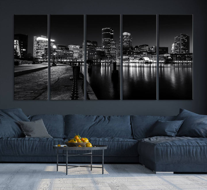 The Boston Lights Skyline Black and White Wall Art Cityscape Canvas Print, crafted with museum-quality canvas and UV-protective coating, serves as a striking triptych centerpiece in the living room.