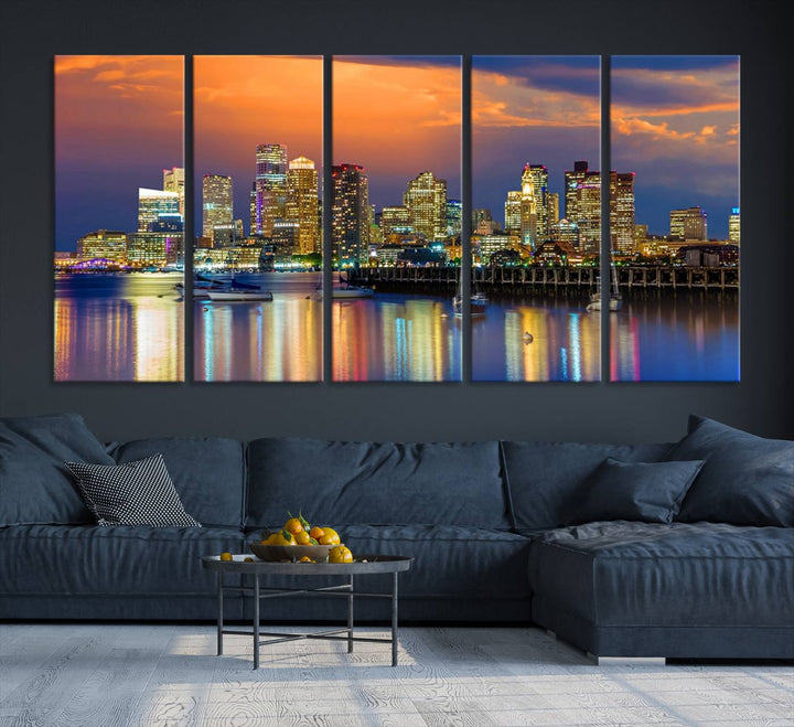 Boston City Night Blue and Orange Skyline Cityscape View Wall Art Canvas Print 