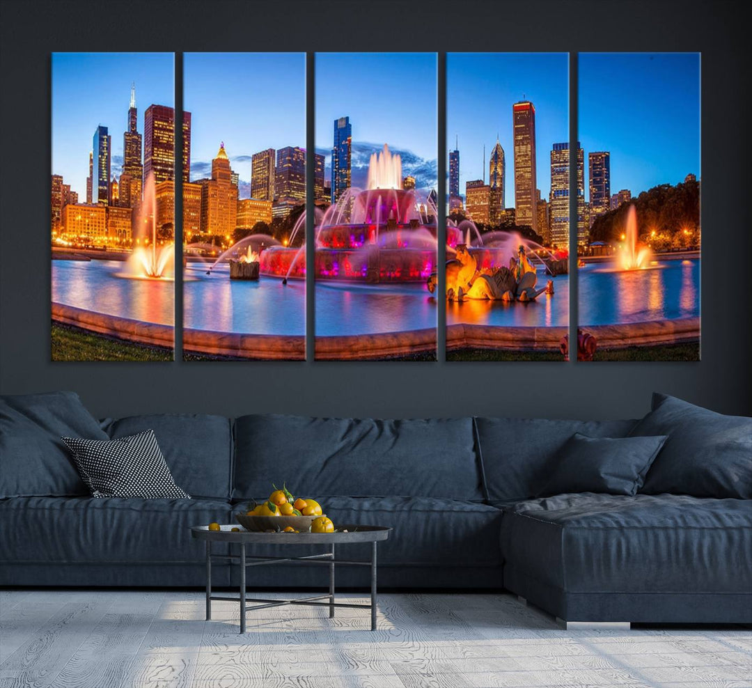 Chicago City Colorful Lights Night Skyline Cityscape View Wall Art Canvas Print