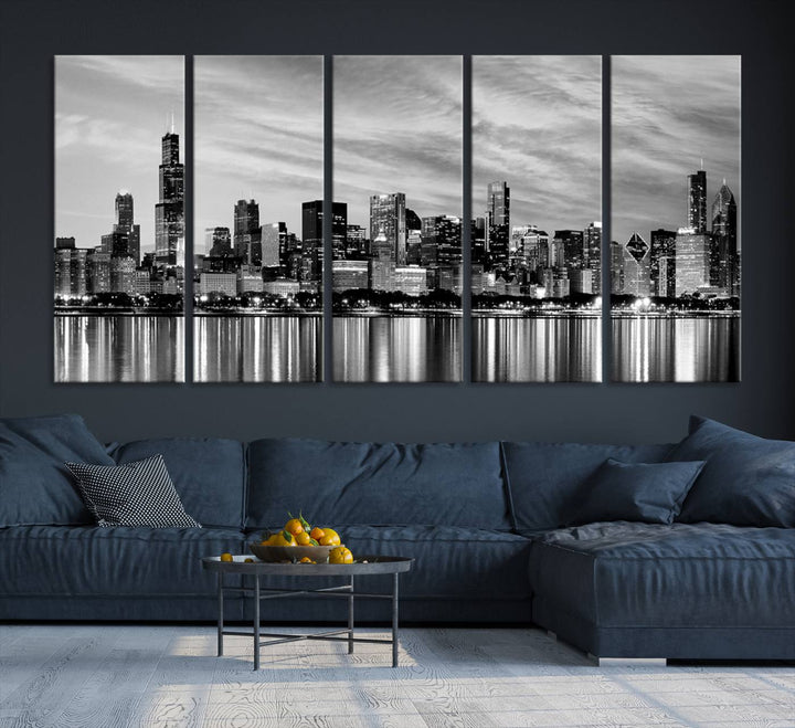 Horizonte nublado de la ciudad de Chicago Arte de pared en blanco y negro Paisaje urbano Lienzo