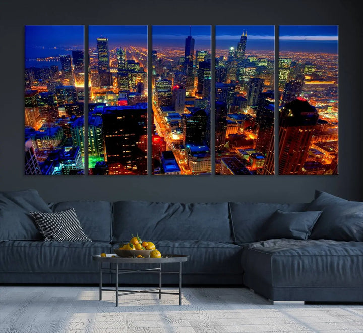 The "Chicago Night Skyline Wall Art" on museum-quality canvas adds long-lasting appeal to the living room.