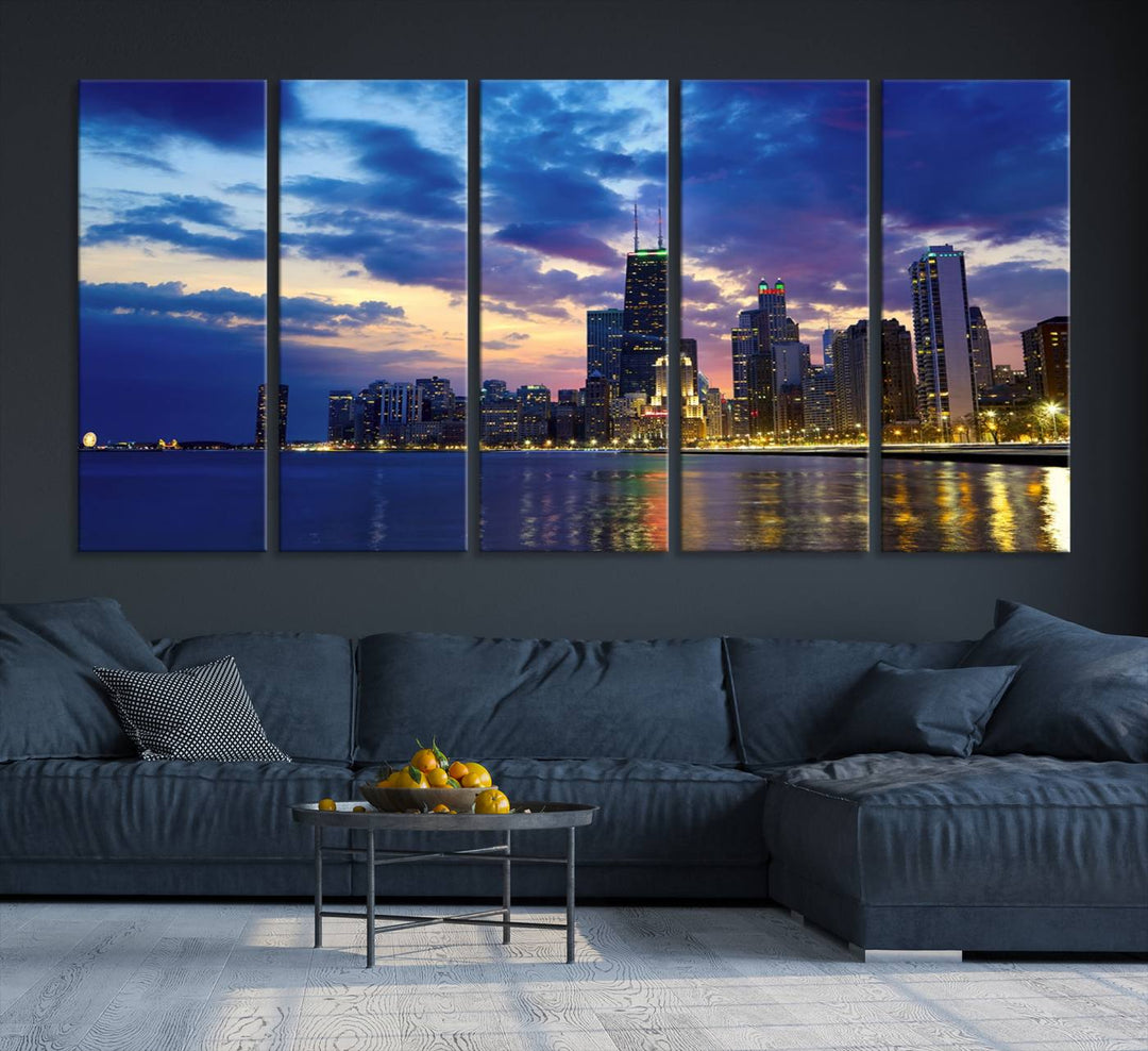 Chicago City Lights Night Cloudy Blue Skyline Cityscape View Wall Art Canvas Print