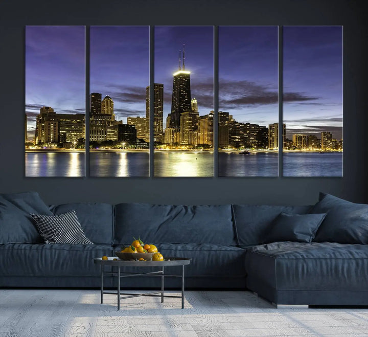 Chicago Night Skyline Cityscape Canvas Picture Print is a stunning three-panel wall art piece, perfect for adding sophistication to any setting. Crafted by professional artisans, this artwork features museum-quality canvases designed to enhance your space. Enjoy free shipping with your purchase.