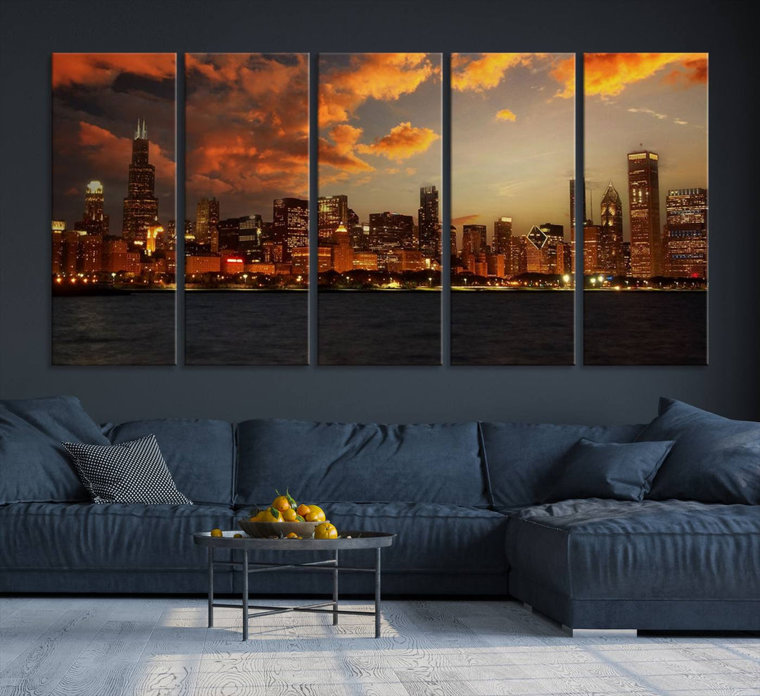 Chicago City Lights Sunset Orange Cloudy Skyline Cityscape View Wall Art Canvas Print