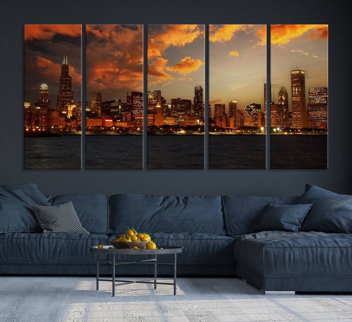 Chicago City Lights Coucher de soleil Orange Nuageux Skyline Paysage urbain Vue Art mural Impression sur toile