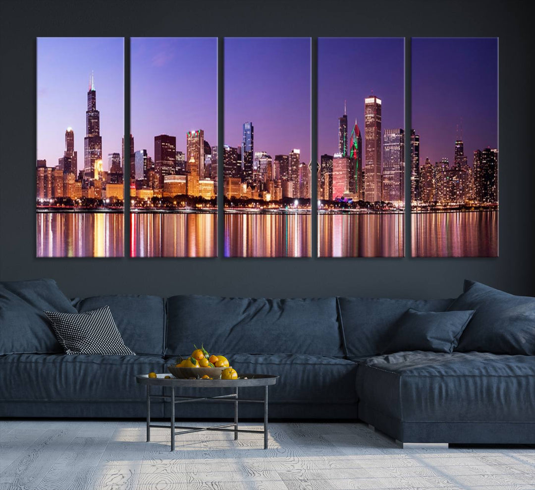 Chicago City Lights Night Purple Skyline Cityscape View Wall Art Impression sur toile