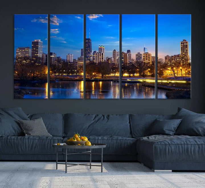 A triptych photo titled "Chicago City Lights Night Blue Skyline Cityscape View Wall Art Canvas Print" is elegantly displayed on gallery-wrapped, museum-quality canvases.