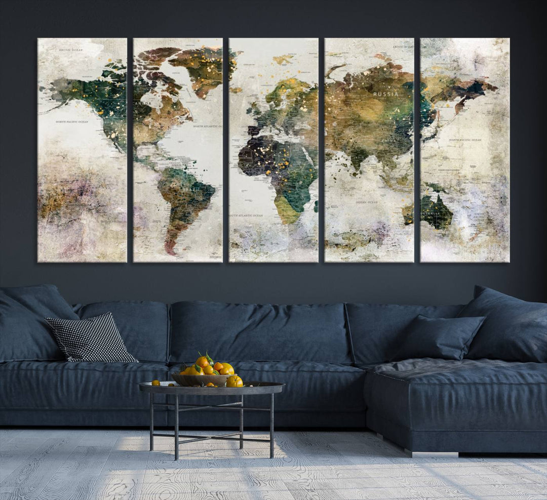 Carte du monde, impression d'art mural, carte sur toile, ensemble mural de 3 panneaux, cadeau, carte de voyage