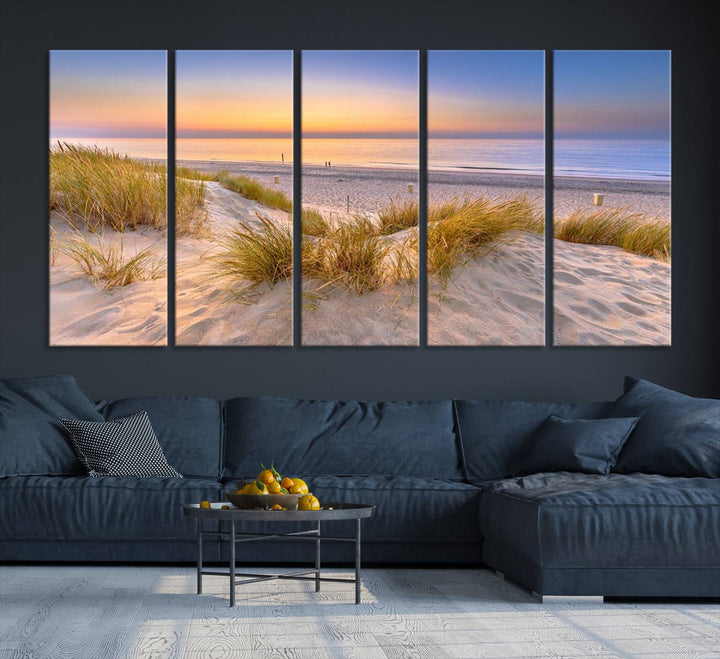 The "Sunset Silence on the Beach" wall art canvas print features a serene beach scene at sunset on museum-quality canvas with a UV-protective coating.