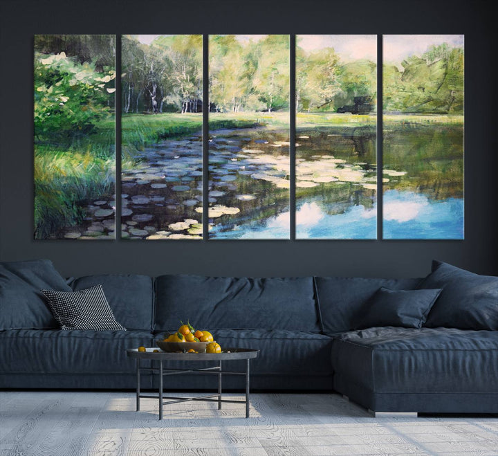 The "Forest Pond River Lake Wall Art Canvas Print" showcases a serene lakeside landscape with trees and water lilies. Crafted on museum-quality canvases and enhanced with UV-protective coating, this piece serves as an elegant addition to any space.