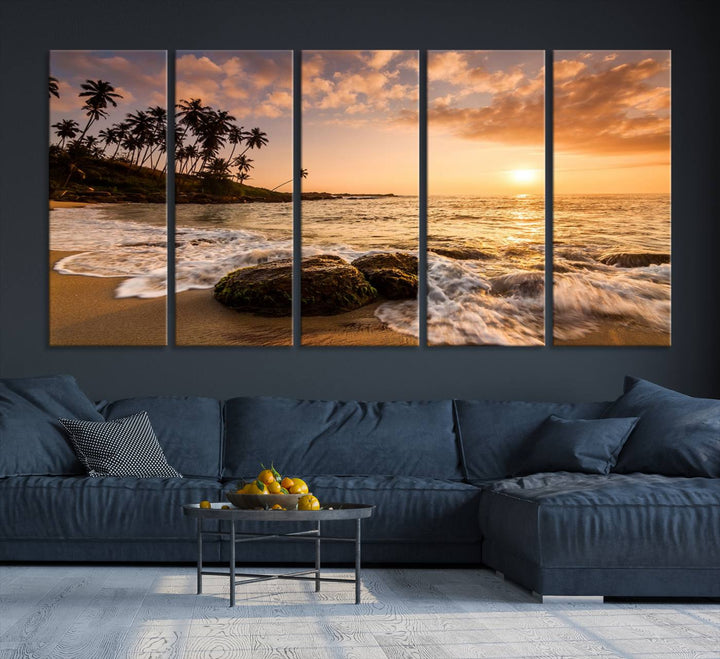 The "Tropical Island Sunset Sunrise Wall Art Canvas Print" is a stunning triptych that showcases a tranquil beach sunset complete with waves and palm trees. Each canvas piece is meticulously hand-assembled and framed using museum-quality polycotton with a UV-protective coating to ensure enduring beauty.