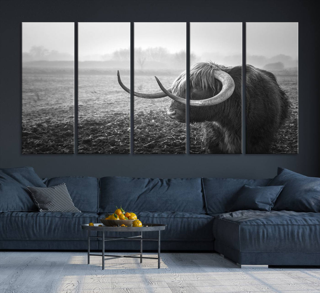 The living room features a three-panel wall art of a highland cow in a foggy field, using the Cow Wall Art Canvas Print for visual impact. This museum-quality canvas includes UV-protective coating to ensure longevity.