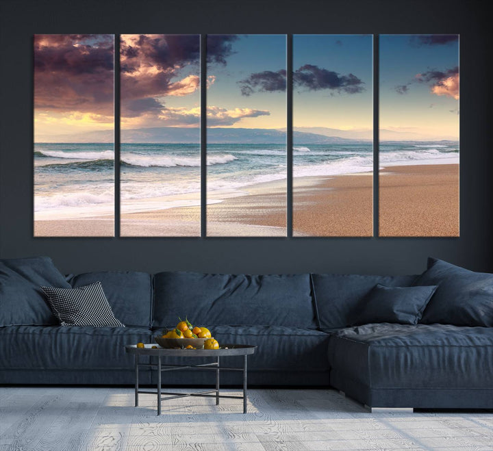 Arte de la pared del amanecer del atardecer de la playa del clima nublado Lienzo