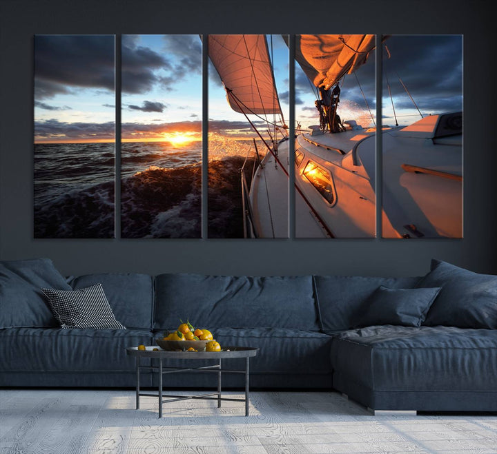 The modern living room is adorned with the Ocean Sunset Sailboat Wall Art, a triptych crafted on museum-quality canvas featuring UV-protective coating for lasting vibrancy.