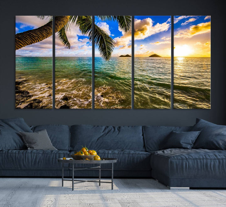 The Sunset Lake View Wall Art Canvas Print, gallery wrapped on a museum-quality canvas, enhances the vibrant living room decor with its UV-protective coating.