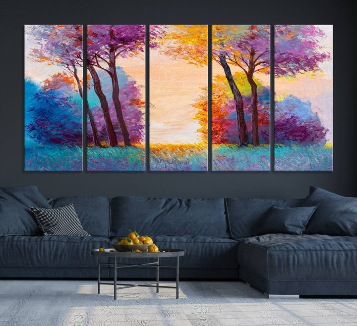 Oil Paint Effect Trees Wall Art Canvas Print features a UV-protective coating for lasting vibrancy.