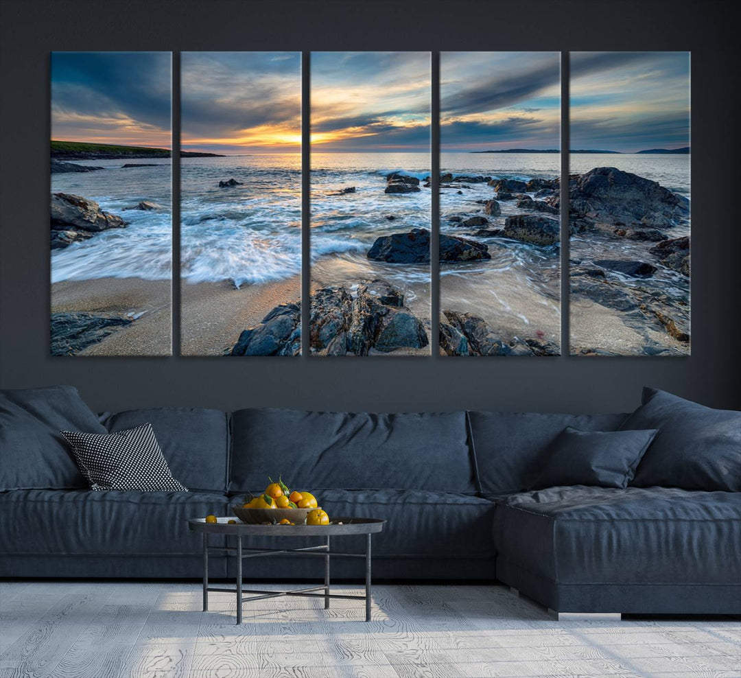 The "Beautiful Stormy Sunset at Bagh Steinigidh Beach Stones" triptych ocean-themed wall art is displayed on museum-quality canvas and features a UV-protective coating.