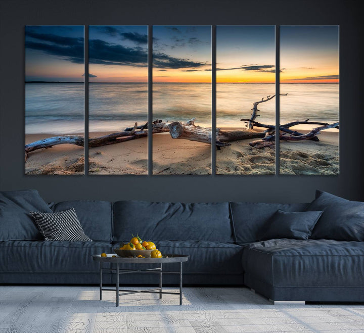 A captivating piece of Ocean Sunset Beach Wall Art Canvas Print, gallery wrapped, graces the gray wall.