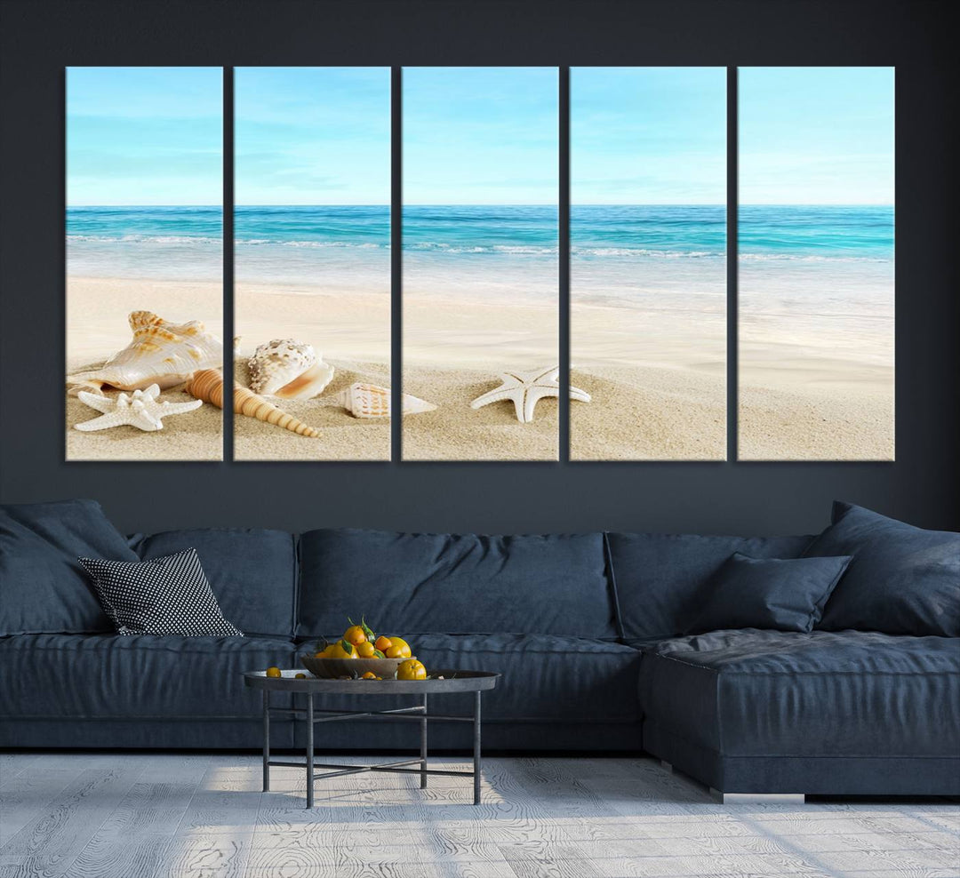 The "Turquoise Ocean View Seashell Starfish on the Beach Canvas Print Artwork" is a triptych piece that showcases a tranquil beach scene, complete with seashells and starfish adorning the sand. It is elegantly gallery-wrapped on museum-quality canvas.