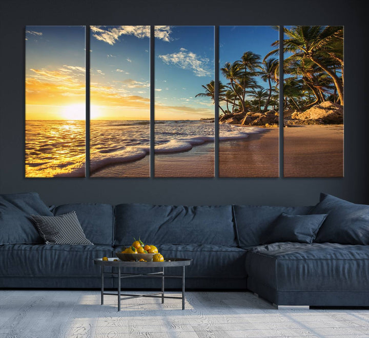 The wall features a Sunset Ocean View Beach Canvas Print, showcasing museum-quality craftsmanship by professional artisans.