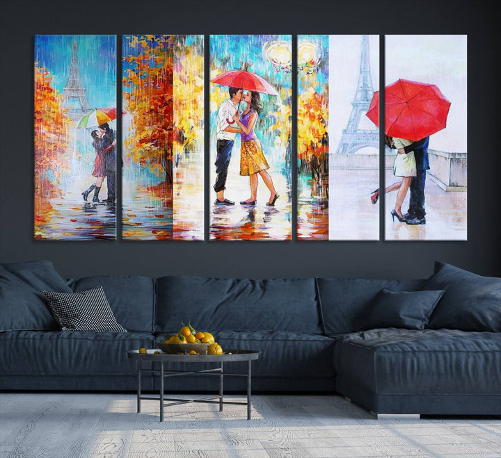 A triptych of the "Love in Paris Wall Art Canvas Print" showcases a couple with an umbrella in romantic settings. This artwork is crafted on museum-quality canvas and features a UV-protective coating for peace of mind. It also comes with the added convenience of free shipping.