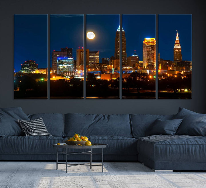 The "Cleveland Night Skyline Wall Art City Cityscape Canvas Print" adds elegance to the room with its depiction of a city skyline and full moon on museum-quality canvas. The artwork is enhanced by a UV-protective coating to ensure lasting brilliance.