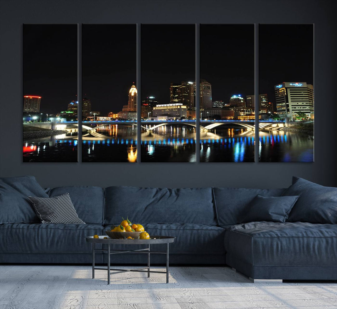 The "Columbus City Lights Night Skyline Cityscape View Wall Art Canvas Print" elegantly decorates the area, presented on museum-quality canvases that feature UV-protective coating to maintain their vibrant appearance.