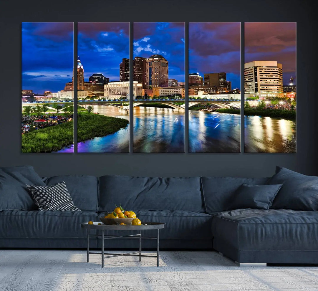 Columbus City Lights Night Bright Blue Cloudy Skyline Cityscape View Wall Art Canvas Print, gallery wrapped on museum-quality canvas, reflecting on a river.