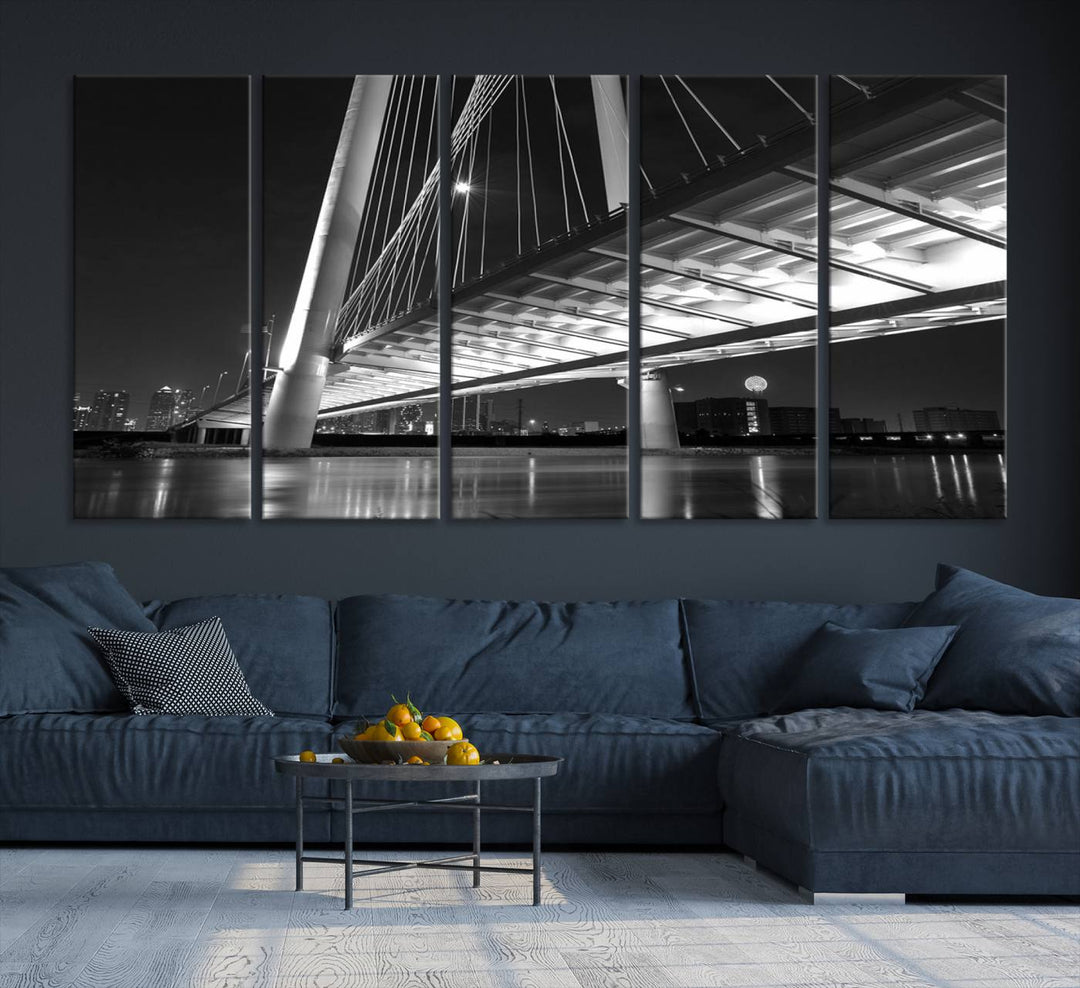 The modern living room features the museum-quality "Dallas City Bridge Lights Skyline Black and White Wall Art Cityscape Canvas Print," elegantly displayed on gallery-wrapped canvas.