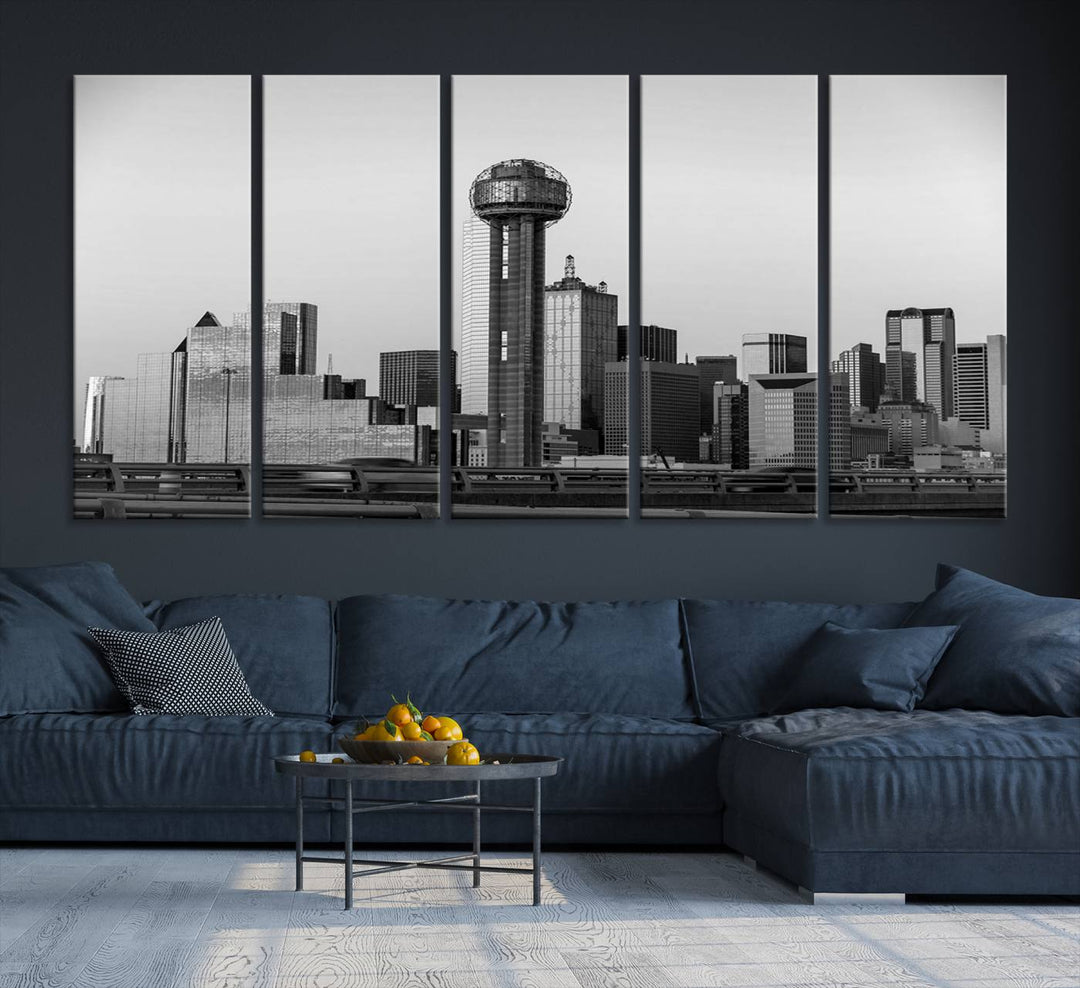 The Dallas City Lights Skyline Black and White Wall Art is elegantly displayed on museum-quality canvas.