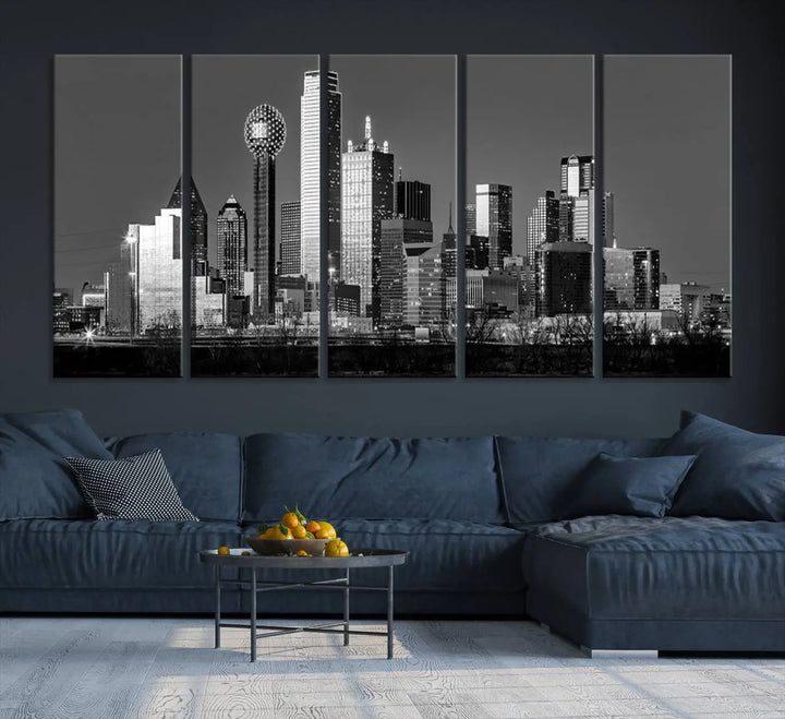 A black and white triptych of the Dallas city skyline is displayed, crafted on museum-quality canvas. This wall art piece is ready to hang, with each component adorned with a UV-protective coating to maintain its captivating appeal.