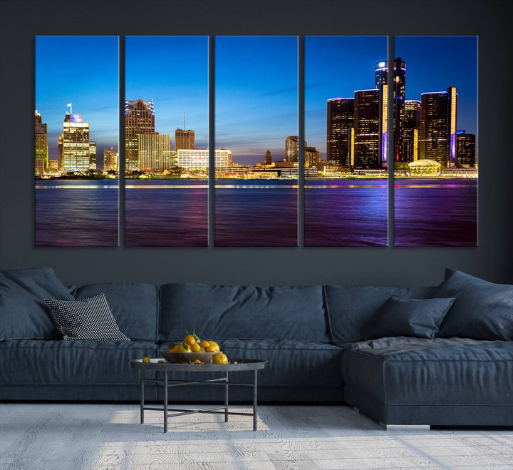 The living room features a breathtaking canvas print titled "Detroit City Lights Night Bright Blue Skyline Cityscape View," presented in a stunning triptych format on museum-quality canvases that are ready to hang.