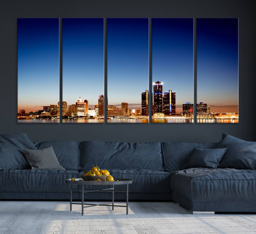 The Detroit City Lights Sunrise Skyline Cityscape View Wall Art Canvas Print adorns the modern living room. Crafted on museum-quality canvas with a UV-protective coating, this piece is ready to hang and elegantly elevates your décor.